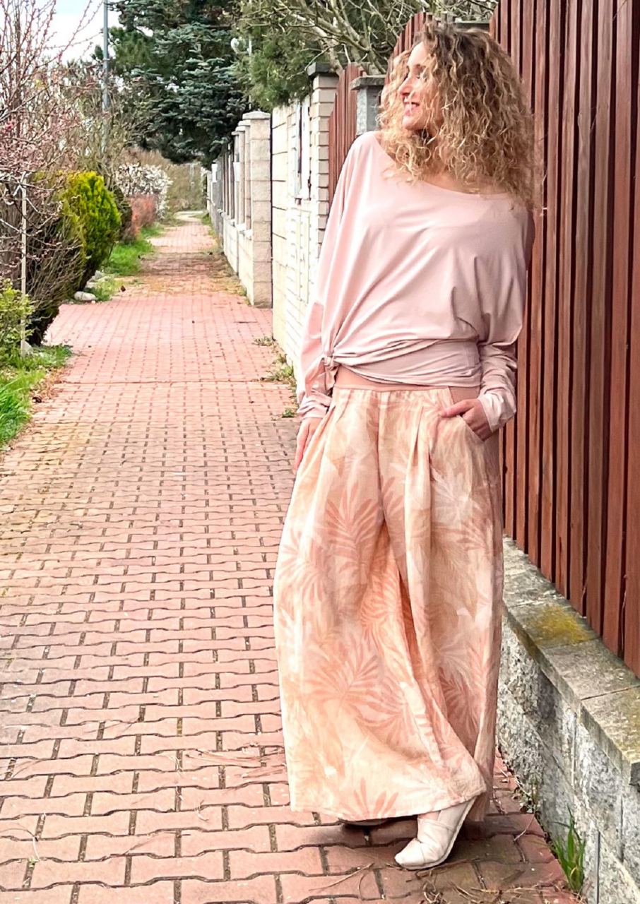 Kalhotová sukně lněná pudrová s květy