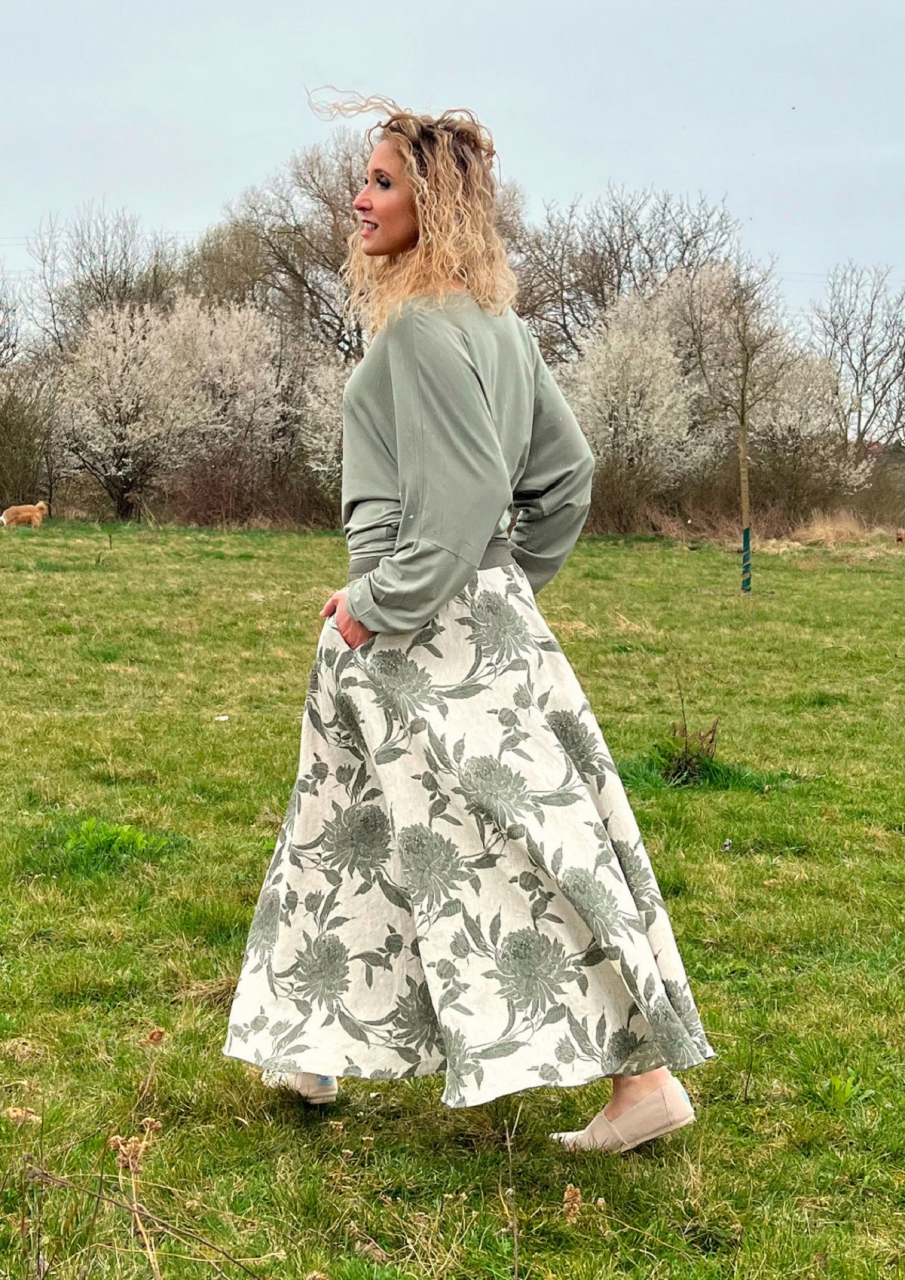 Široká sukně lněná s khaki květy