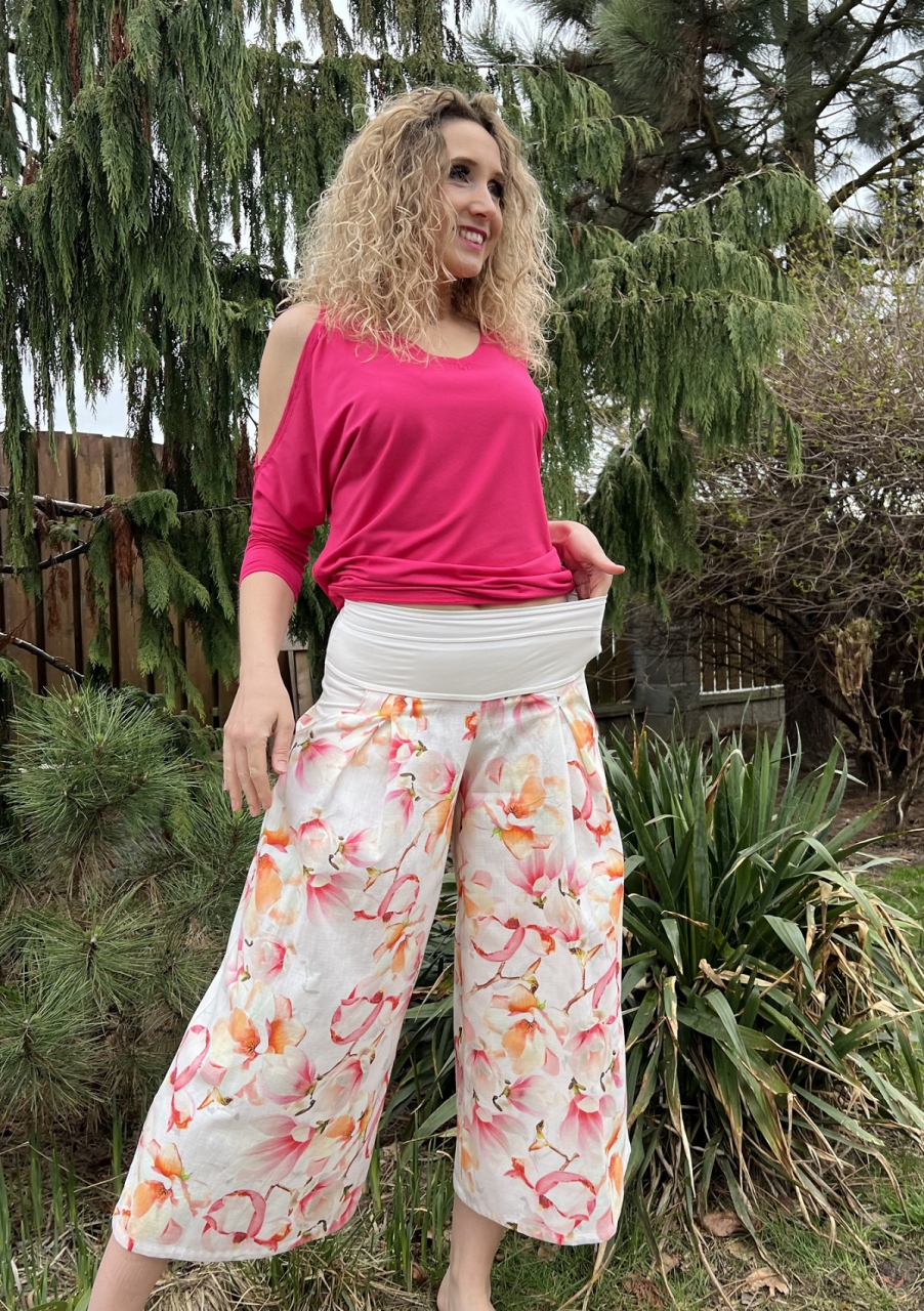 Kalhotová sukně lněná květovaná maxi
