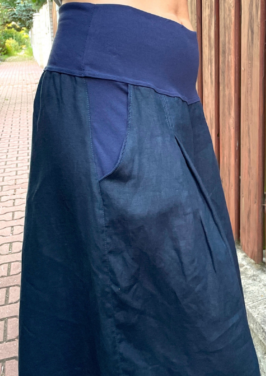 Kalhotová sukně lněná tmavě modrá maxi
