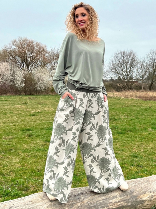 Kalhotová sukně lněná s khaki květy