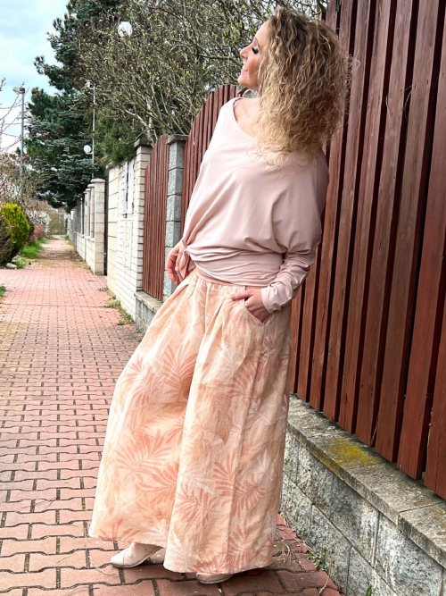 Kalhotová sukně lněná pudrová s květy