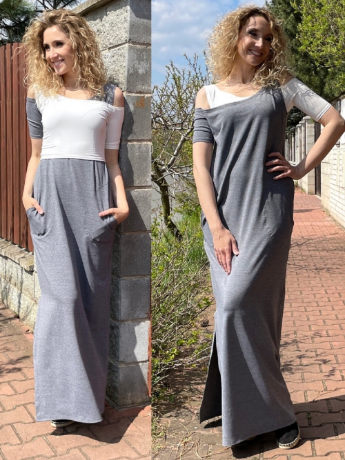Šaty 2v1 dlouhé rovné šedé