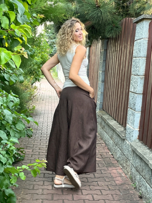 Kalhotová sukně lněná hnědá dlouhá