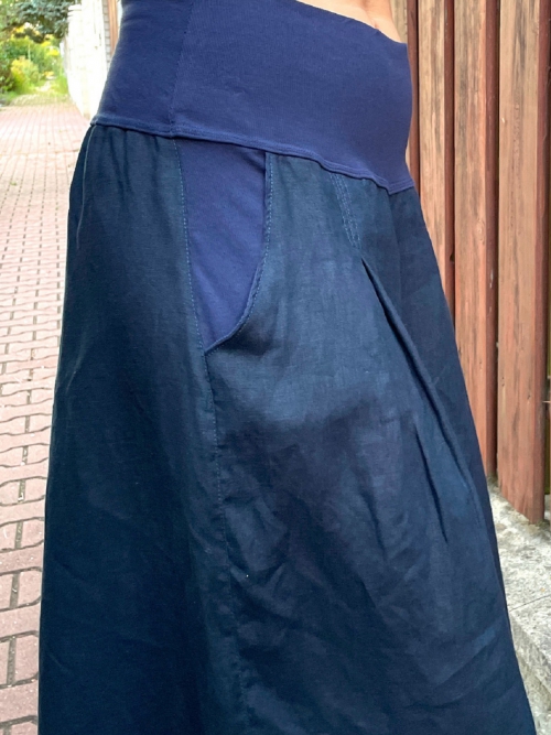 Kalhotová sukně lněná tmavě modrá maxi