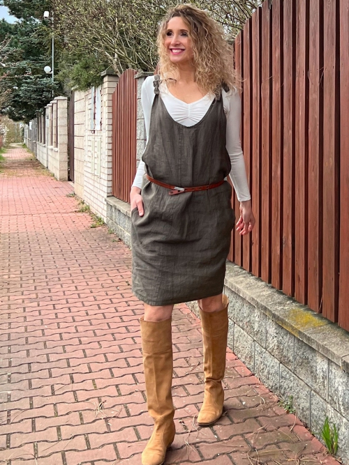 Lněná krátká šatová sukně khaki