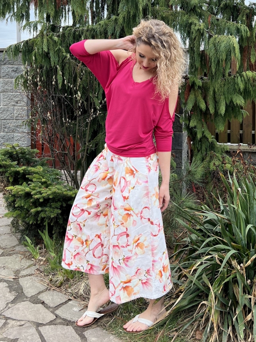 Kalhotová sukně lněná květovaná maxi