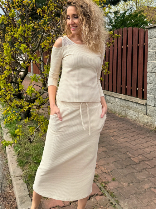 Smetanová vaflová sukně s kapsami dlouhá