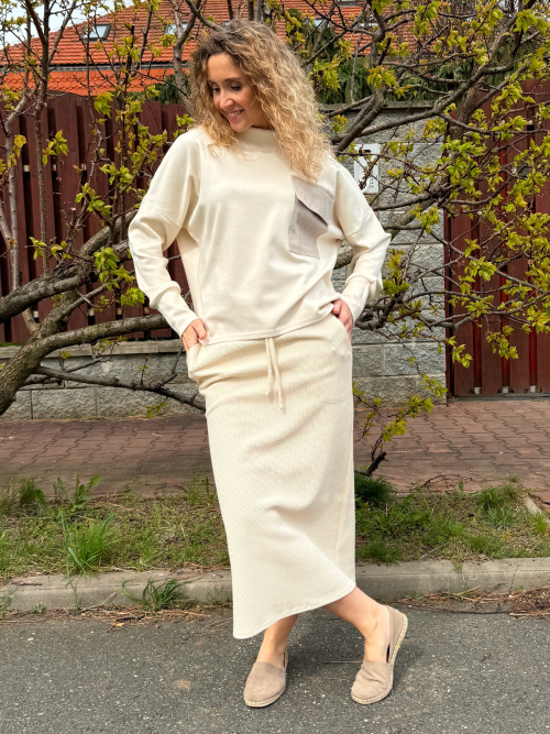 Smetanová vaflová sukně s kapsami dlouhá