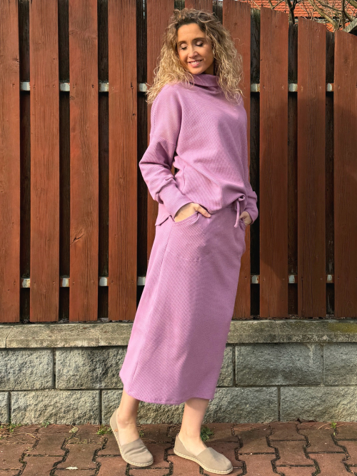 Růžová vaflová sukně s kapsami dlouhá