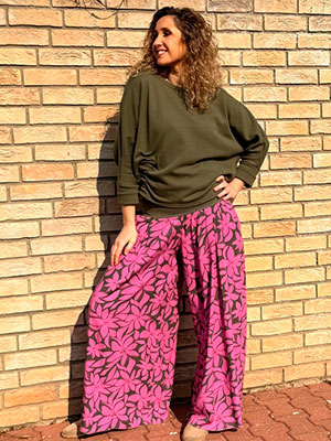 Kalhotová sukně dlouhá růžovo-khaki