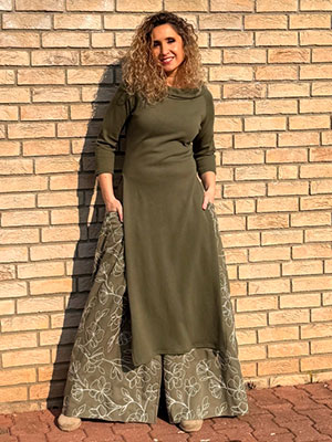 Kalhotová sukně dlouhá khaki s květy