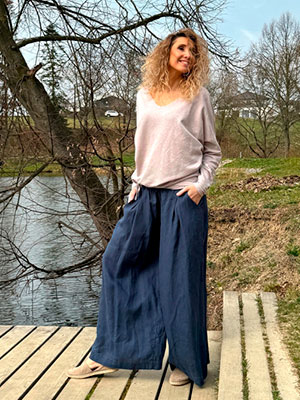 Kalhotová sukně lněná dlouhá modrá