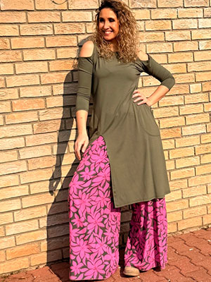 Kalhotová sukně dlouhá růžovo-khaki