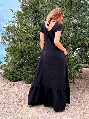Lněné zvonové šaty s kanýrem černé