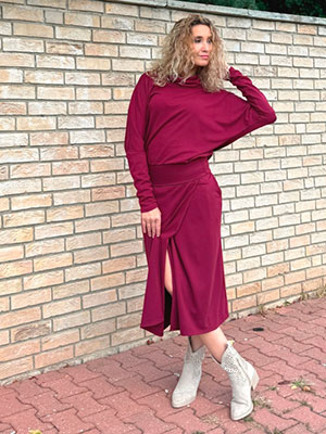 Překládaná midi sukně Burgundy