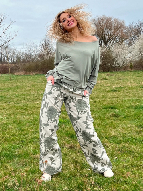Volné kalhoty - lněné s khaki květy