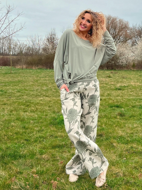 Volné kalhoty - lněné s khaki květy