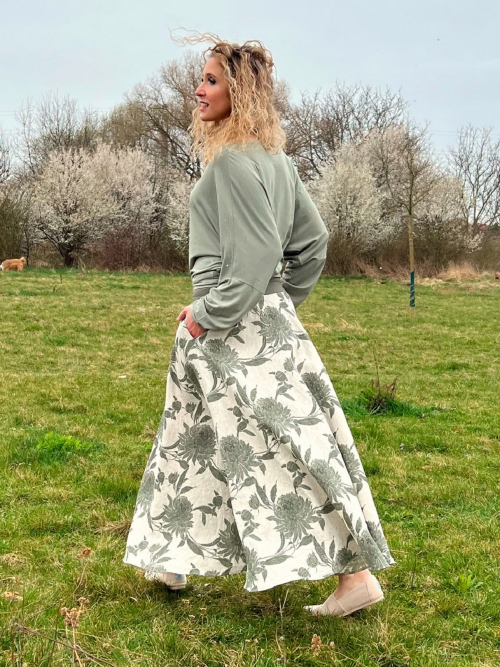 Široká sukně lněná s khaki květy