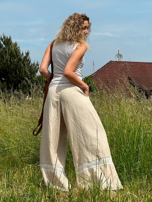 Kalhotová sukně lněná s krajkou dlouhá
