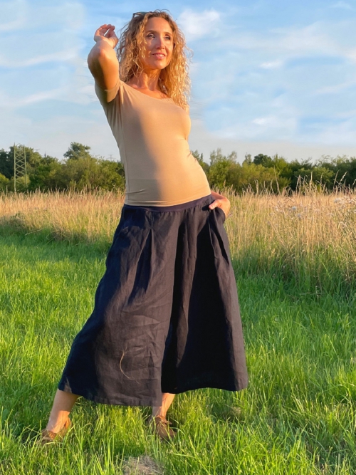 Kalhotová sukně lněná tmavě modrá maxi