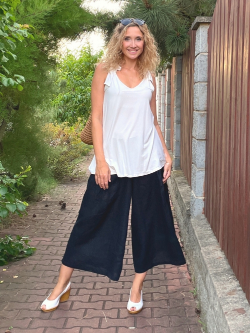 Kalhotová sukně lněná tmavě modrá maxi