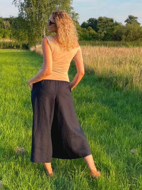 Kalhotová sukně lněná tmavě modrá maxi