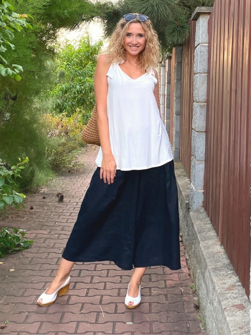 Kalhotová sukně lněná tmavě modrá maxi