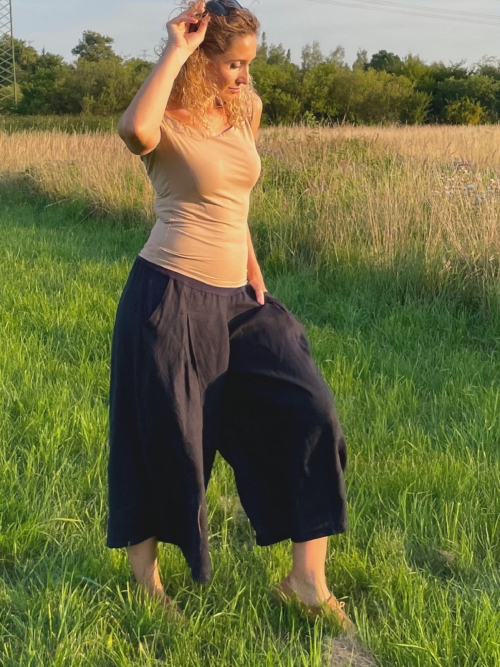 Kalhotová sukně lněná tmavě modrá maxi