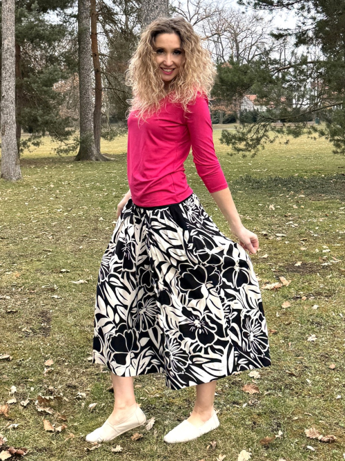Kalhotová sukně maxi černobílé květy