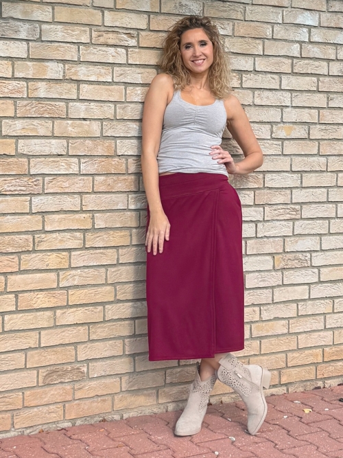 Překládaná midi sukně Burgundy