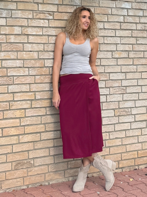 Překládaná midi sukně Burgundy