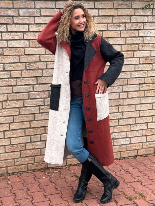 Zimní kabát pařená vlna barevný cik cak zateplený