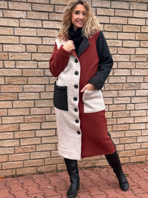 Zimní kabát pařená vlna barevný cik cak zateplený