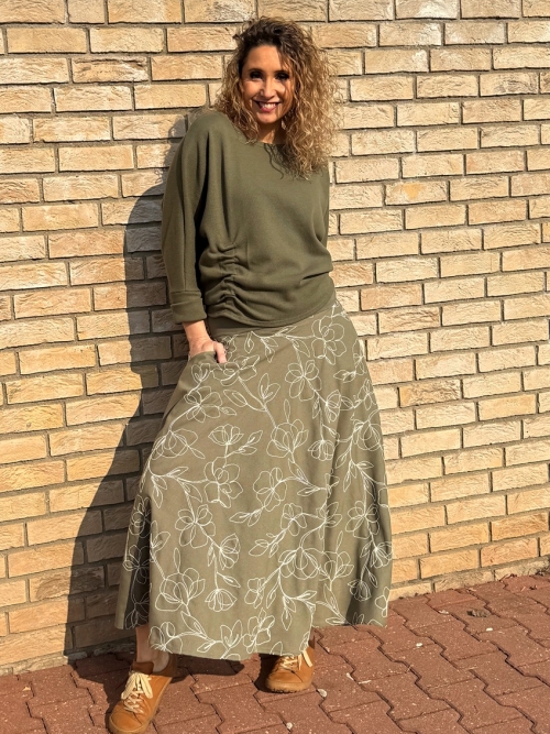 Polokolová sukně khaki s květy
