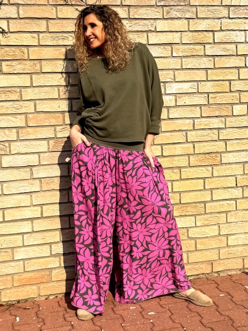 Kalhotová sukně dlouhá růžovo-khaki