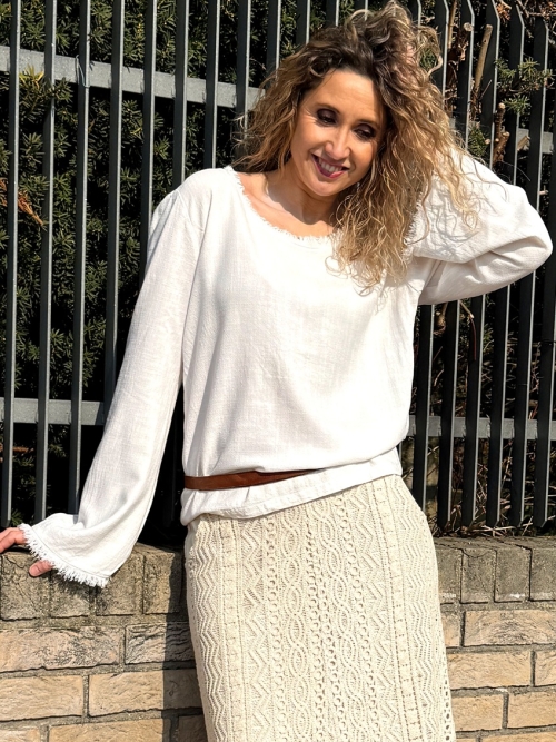 Tunika se lnem bílá odrbaný vzhled s rukávem