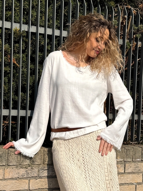 Tunika se lnem bílá odrbaný vzhled s rukávem