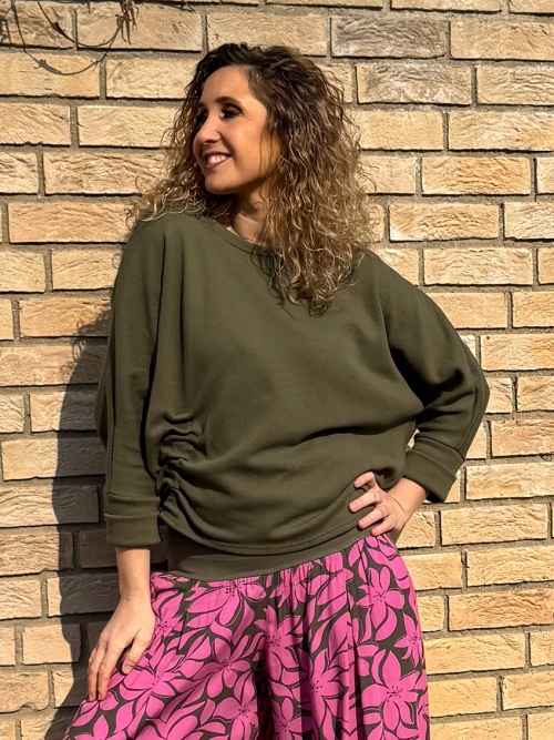 Svetřík bavlněný s nabíráním khaki