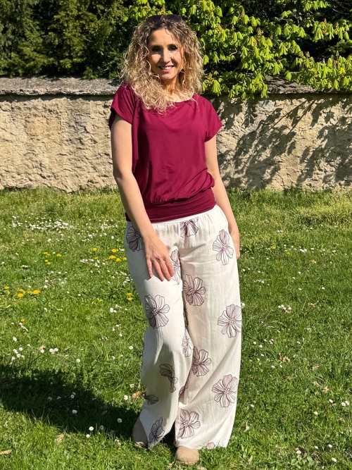 Volné kalhoty smetanová s květy