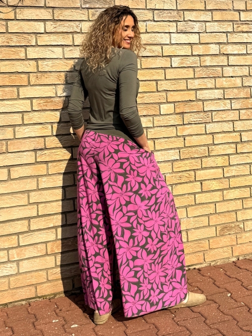 Kalhotová sukně dlouhá růžovo-khaki