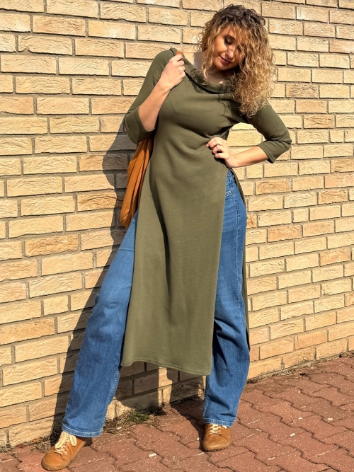 Dlouhá tunika s rozparky khaki