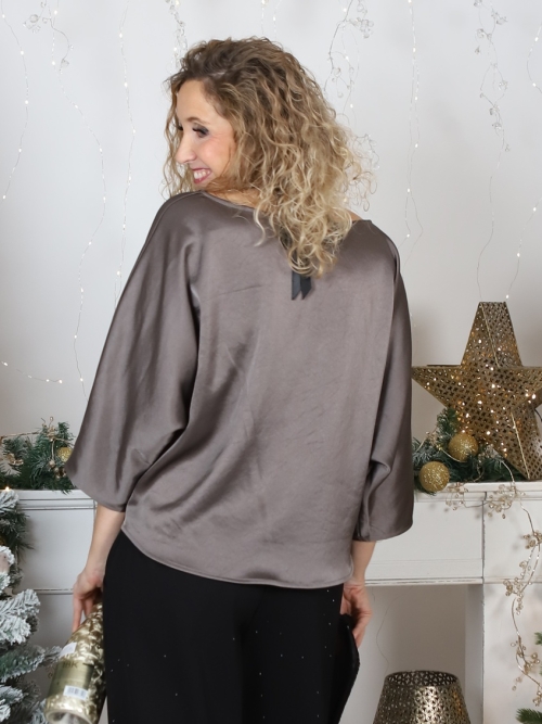 Volná tunika s gumou saténová hnědá