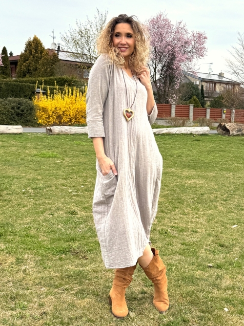 Mušelínové dlouhé balónové šaty režné