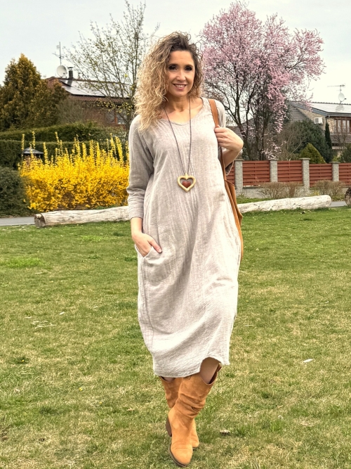 Mušelínové dlouhé balónové šaty režné