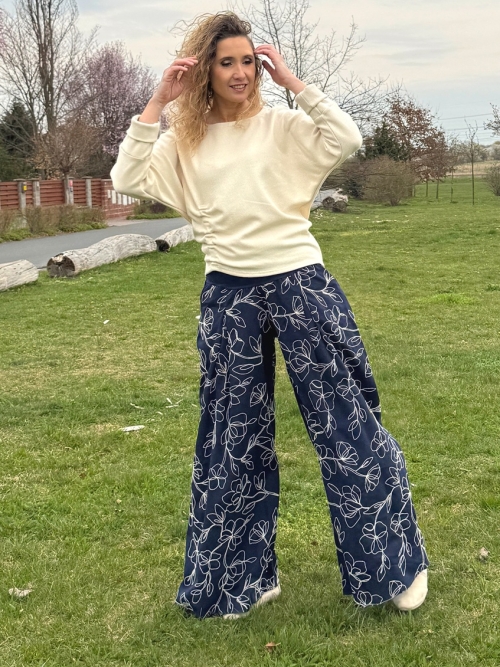 Kalhotová sukně dlouhá modrá s květy