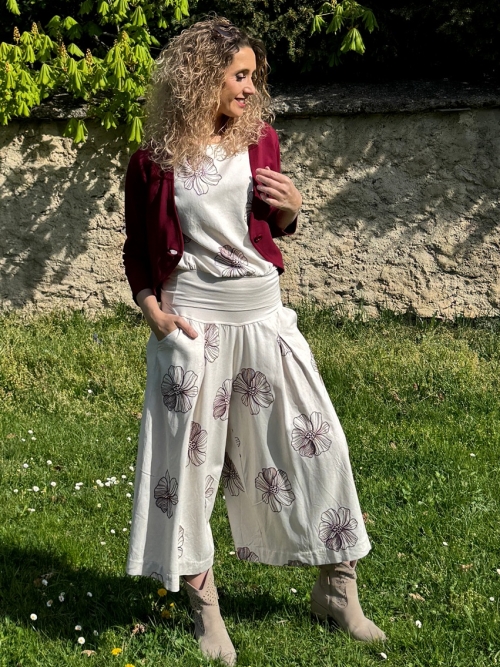 Kalhotová sukně maxi smetanová s květy