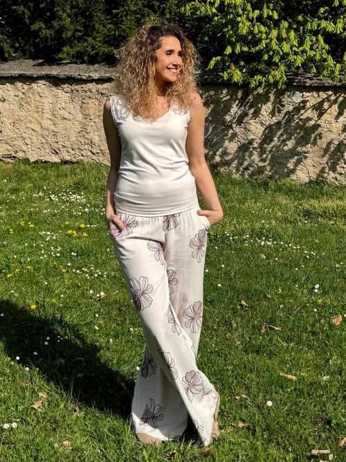 Volné kalhoty smetanová s květy