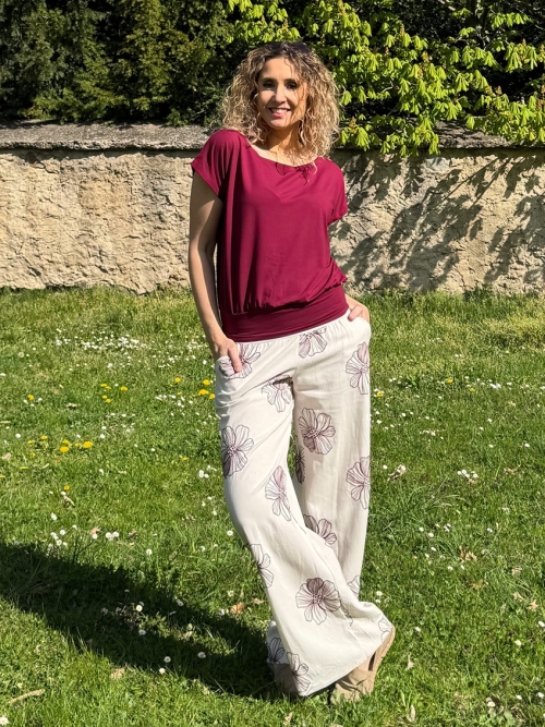 Volné kalhoty smetanová s květy