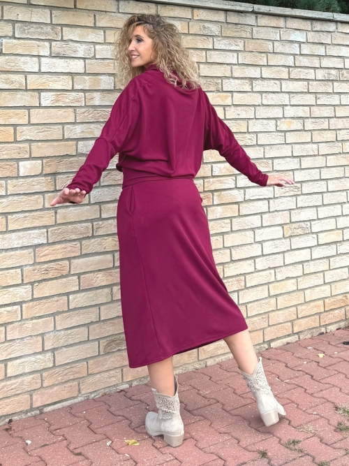 Překládaná midi sukně Burgundy